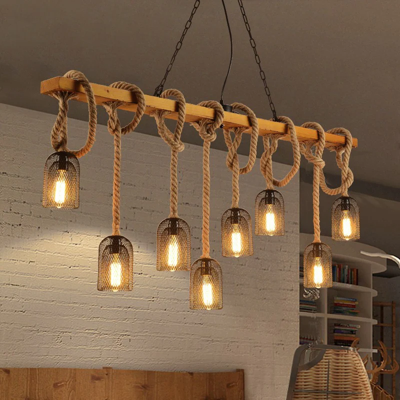 Landelijke hangende hanglamp van gaas, metalen eilandverlichting met touwkoord hout Clearhalo