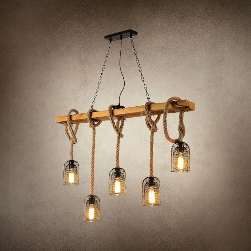 Landelijke hangende hanglamp van gaas, metalen eilandverlichting met touwkoord hout Clearhalo