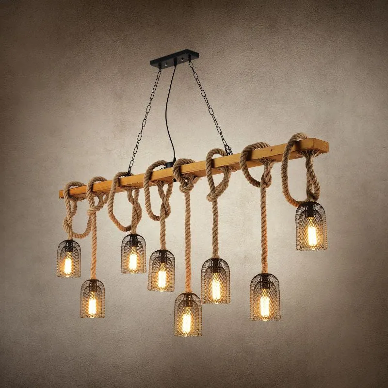 Landelijke hangende hanglamp van gaas, metalen eilandverlichting met touwkoord hout Clearhalo