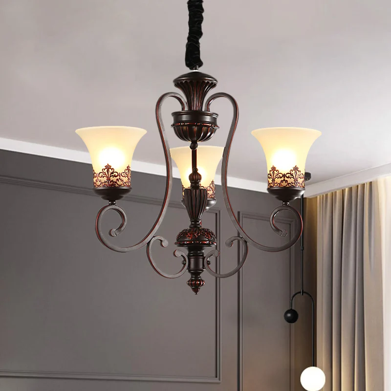 Landelijke hangende kroonluchter met gedraaide arm, 3/6-lamps metalen hangende verlichtingsarmatuur roodbruin Clearhalo