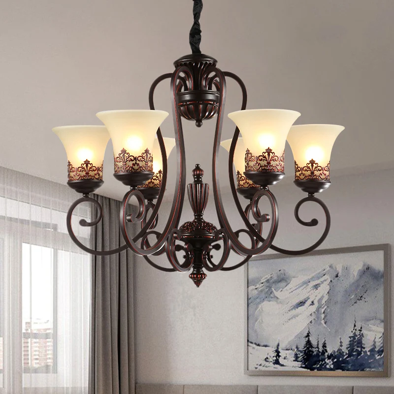 Landelijke hangende kroonluchter met gedraaide arm, 3/6-lamps metalen hangende verlichtingsarmatuur roodbruin Clearhalo