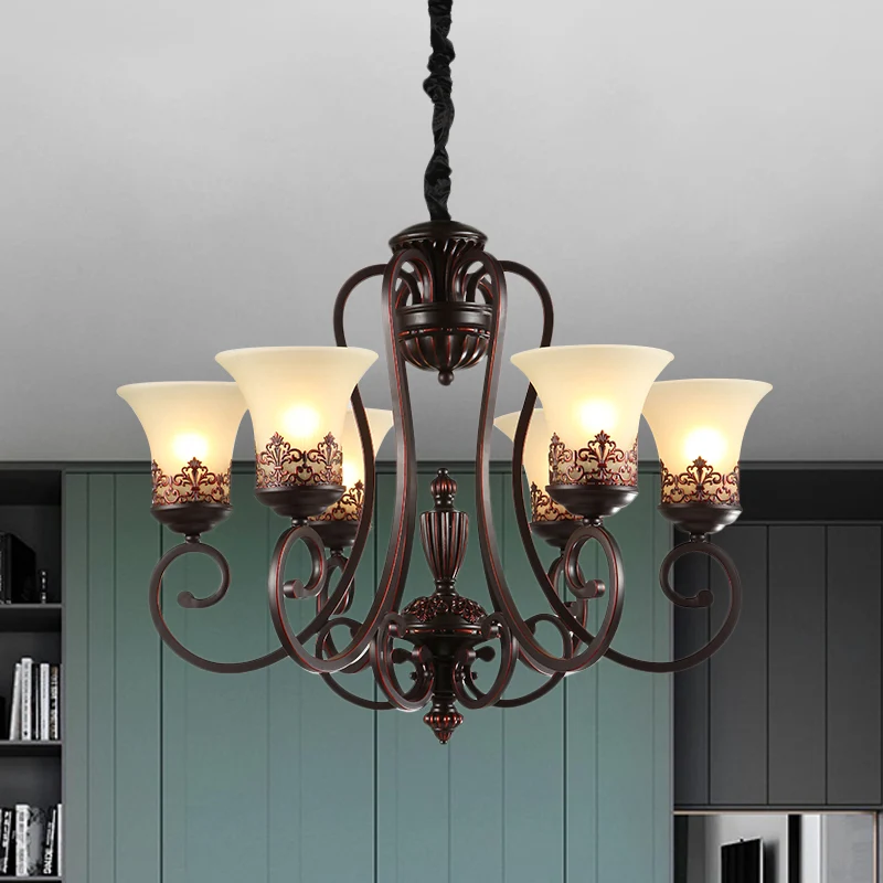 Landelijke hangende kroonluchter met gedraaide arm, 3/6-lamps metalen hangende verlichtingsarmatuur roodbruin Clearhalo