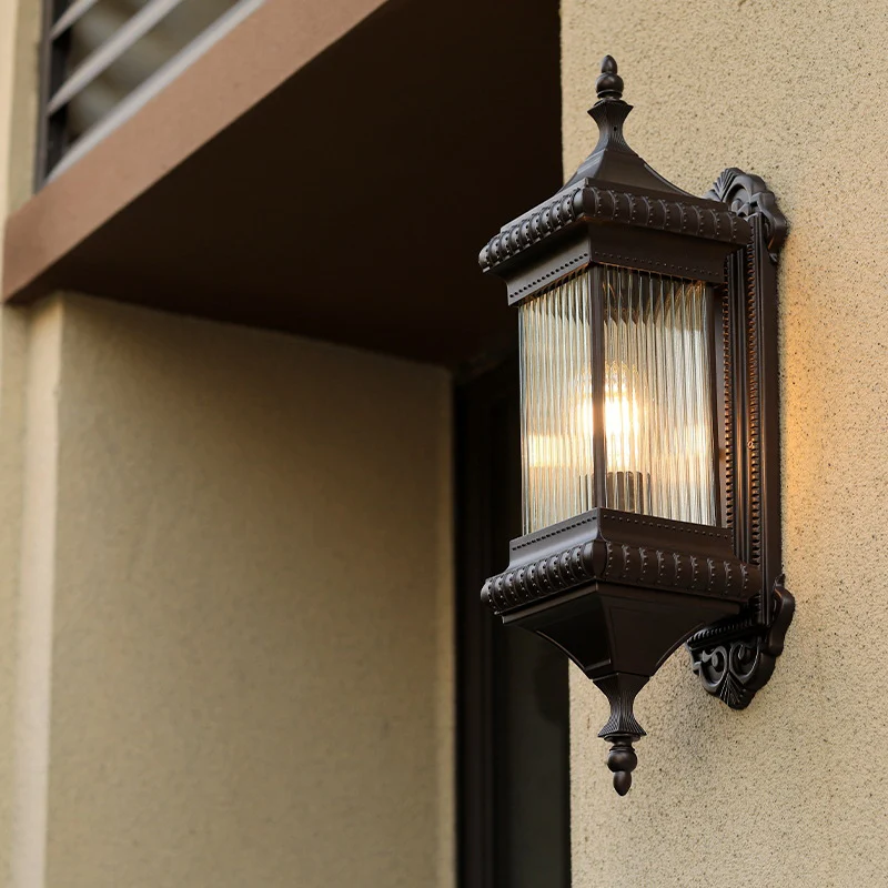 Landelijke kubusvormige wandlamp, 1 lamp, helder geribbeld glas, buitenwandlamp Sconce Coffee Clearhalo