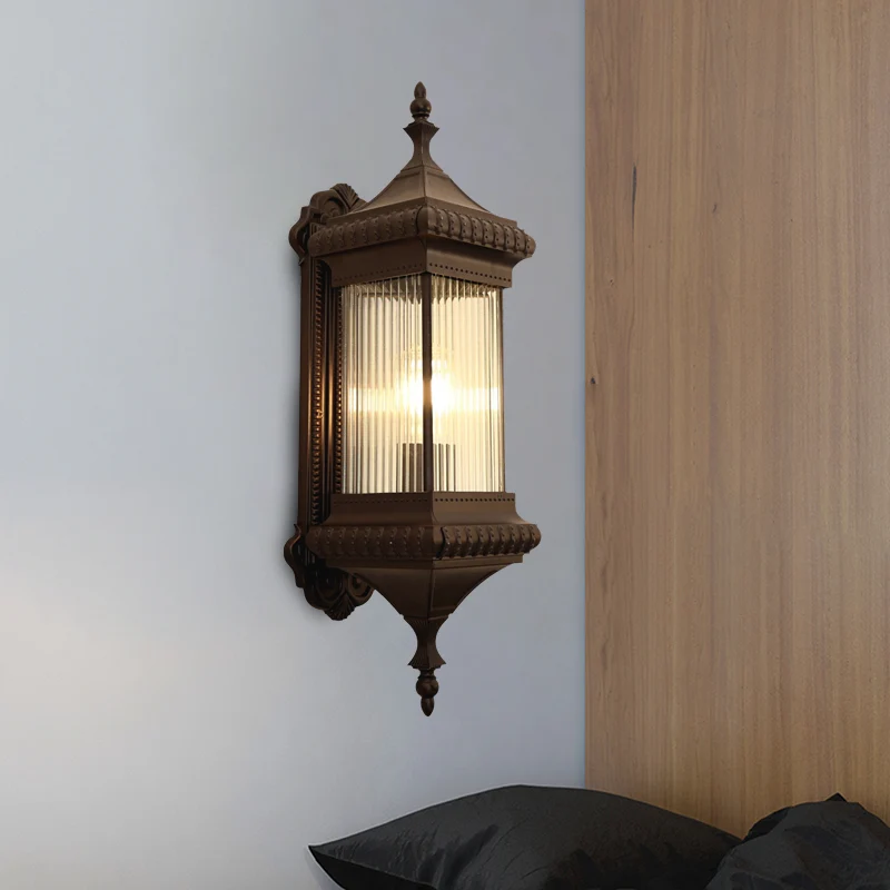 Landelijke kubusvormige wandlamp, 1 lamp, helder geribbeld glas, buitenwandlamp Sconce Coffee Clearhalo