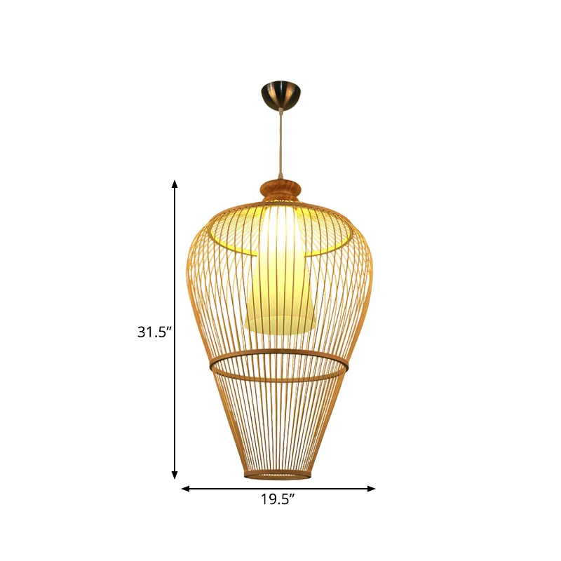 Landelijke Urnenkooi Bamboe Pendellamp, Hanglamp met één lamp, beige met binnenkegelkap Clearhalo