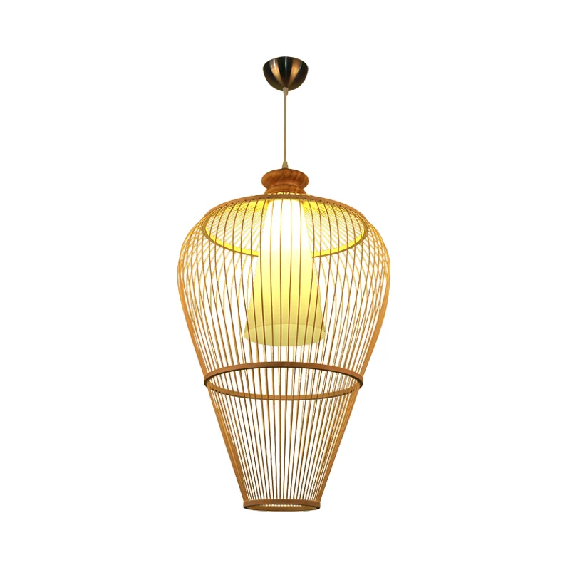 Landelijke Urnenkooi Bamboe Pendellamp, Hanglamp met één lamp, beige met binnenkegelkap Clearhalo