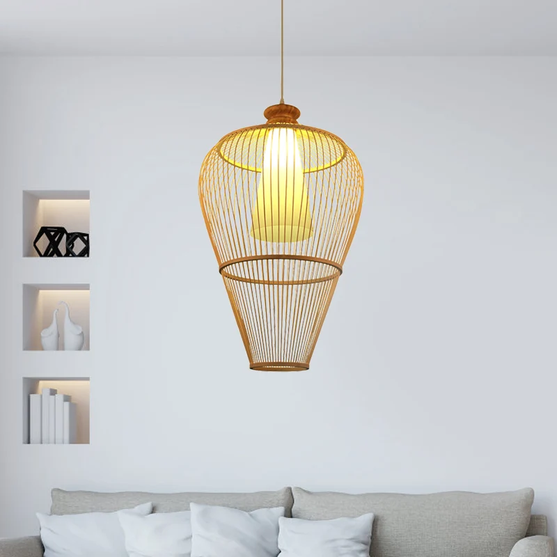 Landelijke Urnenkooi Bamboe Pendellamp, Hanglamp met één lamp, beige met binnenkegelkap Clearhalo