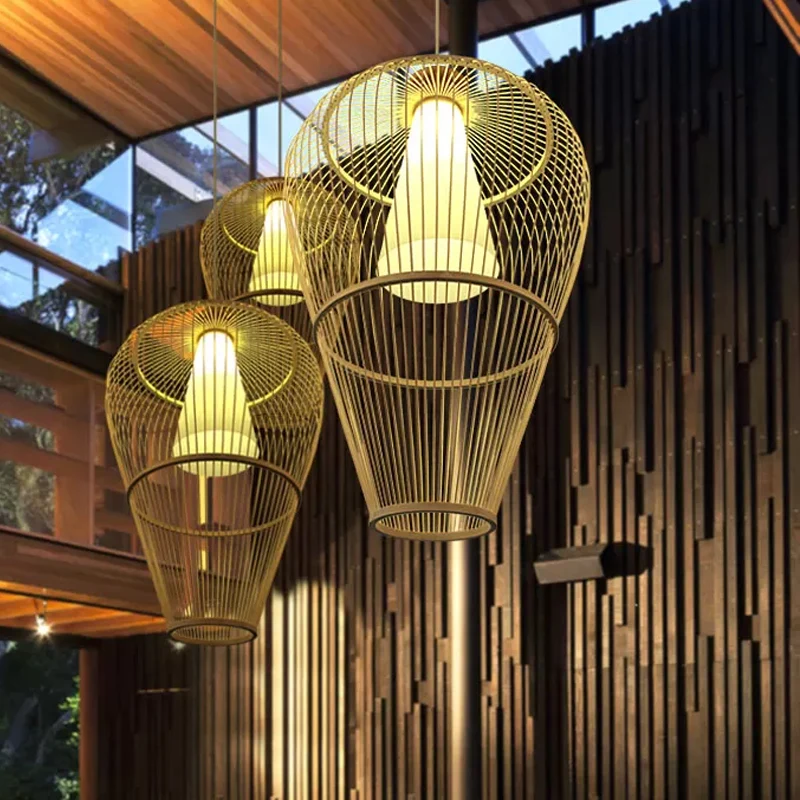 Landelijke Urnenkooi Bamboe Pendellamp, Hanglamp met één lamp, beige met binnenkegelkap Clearhalo