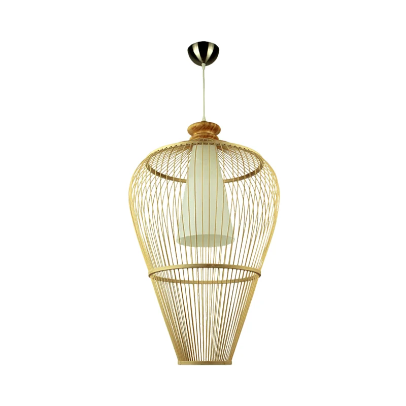 Landelijke Urnenkooi Bamboe Pendellamp, Hanglamp met één lamp, beige met binnenkegelkap Clearhalo