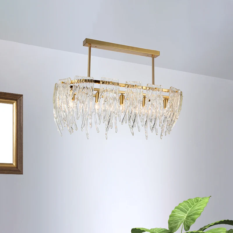 Langwerpige Crystal Island hanglamp postmodern 5-lichts eetkamer downlighting goud Clearhalo