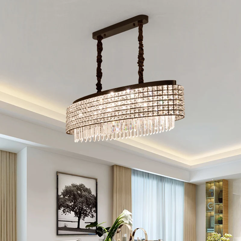 Langwerpige, met kristal ingelegde slingerlamp, modernistisch 5-lichts eilandlamparmatuur met zwarte afwerking Clearhalo