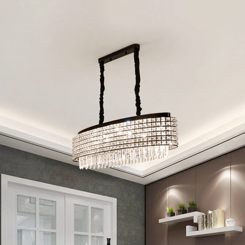 Langwerpige, met kristal ingelegde slingerlamp, modernistisch 5-lichts eilandlamparmatuur met zwarte afwerking Clearhalo