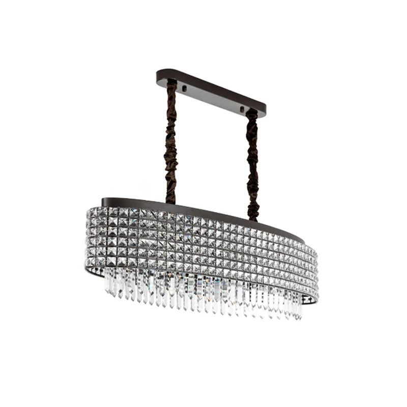 Langwerpige, met kristal ingelegde slingerlamp, modernistisch 5-lichts eilandlamparmatuur met zwarte afwerking Clearhalo