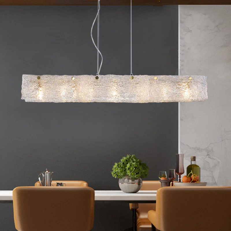 Langwerpige rechthoekige dinette druppelhanger Transparant craqueléglas 9-lichts moderne eilandlamp goud Clearhalo