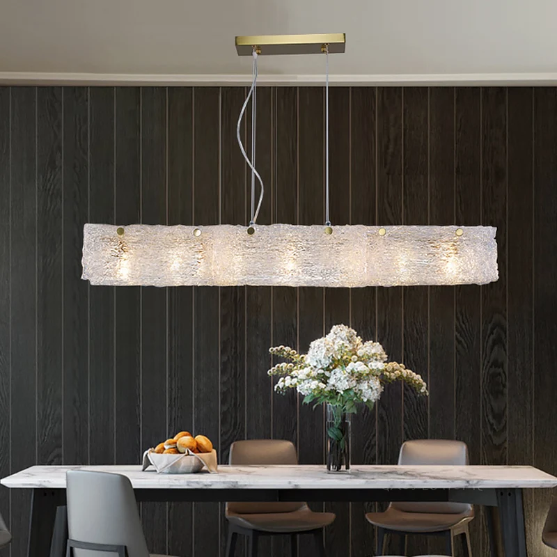 Langwerpige rechthoekige dinette druppelhanger Transparant craqueléglas 9-lichts moderne eilandlamp goud Clearhalo
