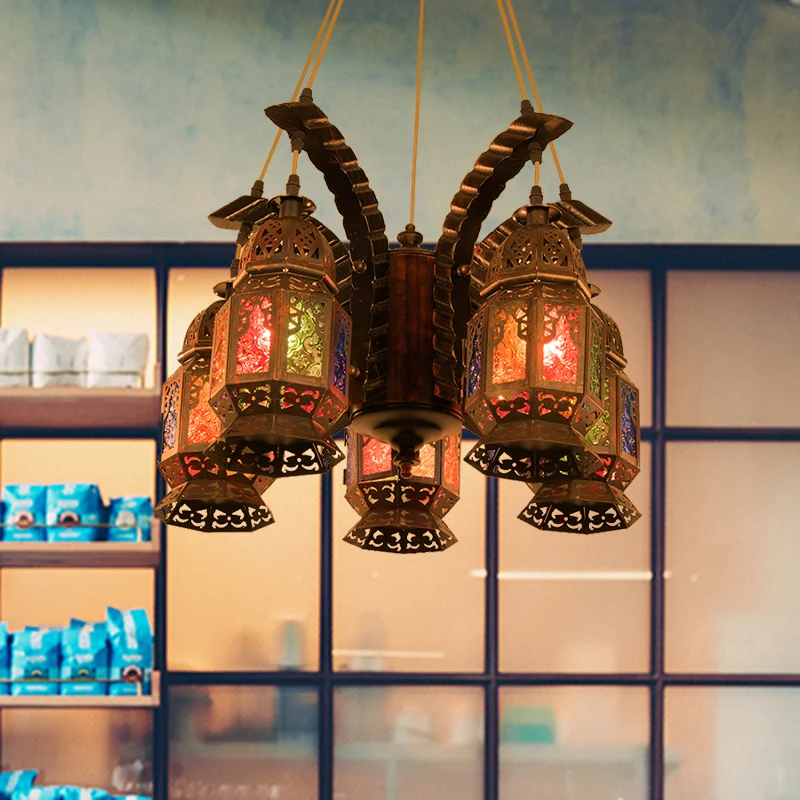 Lantaarn metalen kroonluchter hanglamp vintage 5 lampen restaurant hangende lichtarmatuur koper Clearhalo