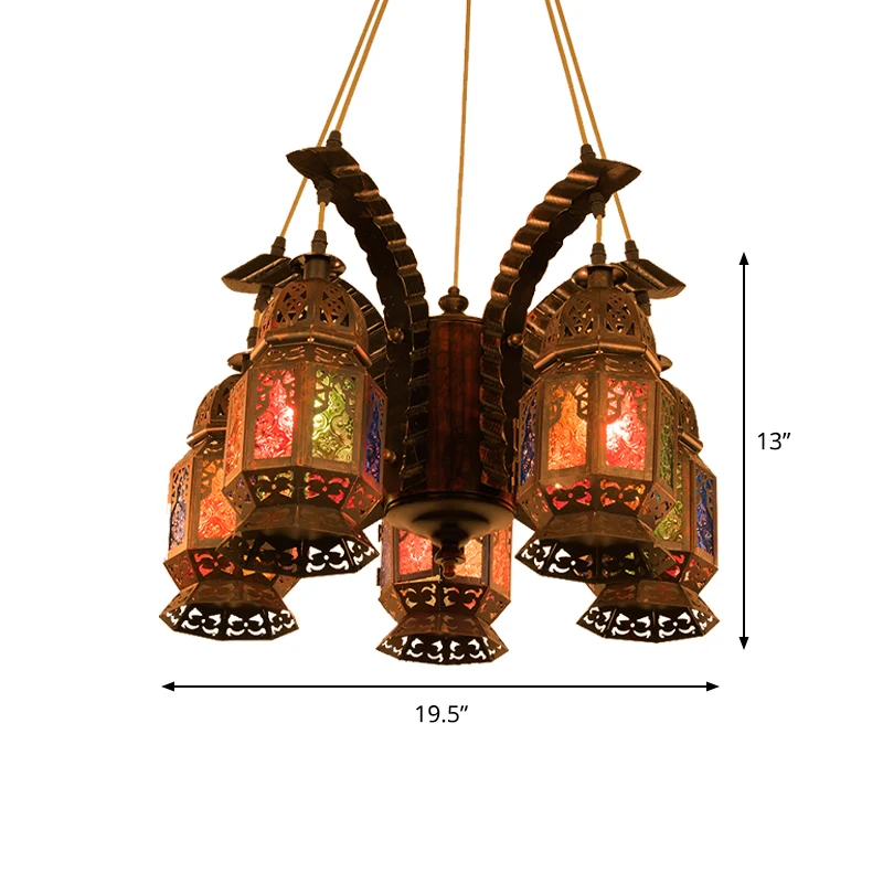 Lantaarn metalen kroonluchter hanglamp vintage 5 lampen restaurant hangende lichtarmatuur koper Clearhalo