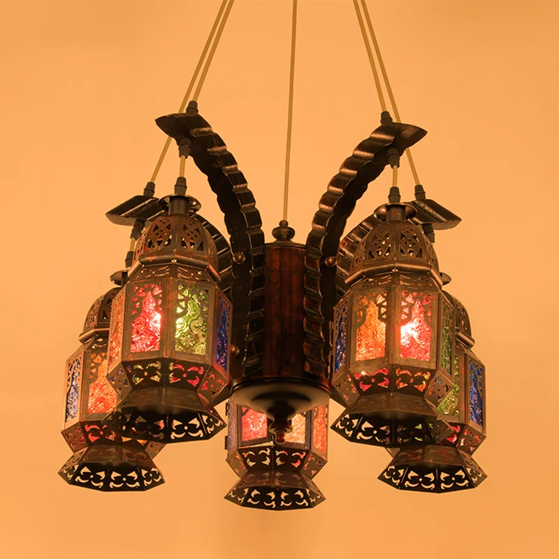 Lantaarn metalen kroonluchter hanglamp vintage 5 lampen restaurant hangende lichtarmatuur koper Clearhalo