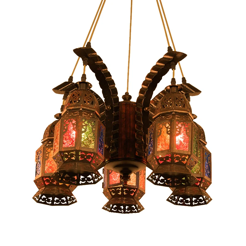 Lantaarn metalen kroonluchter hanglamp vintage 5 lampen restaurant hangende lichtarmatuur koper Clearhalo