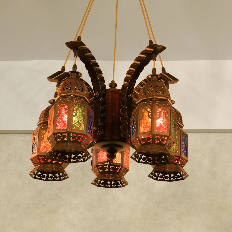 Lantaarn metalen kroonluchter hanglamp vintage 5 lampen restaurant hangende lichtarmatuur koper Clearhalo