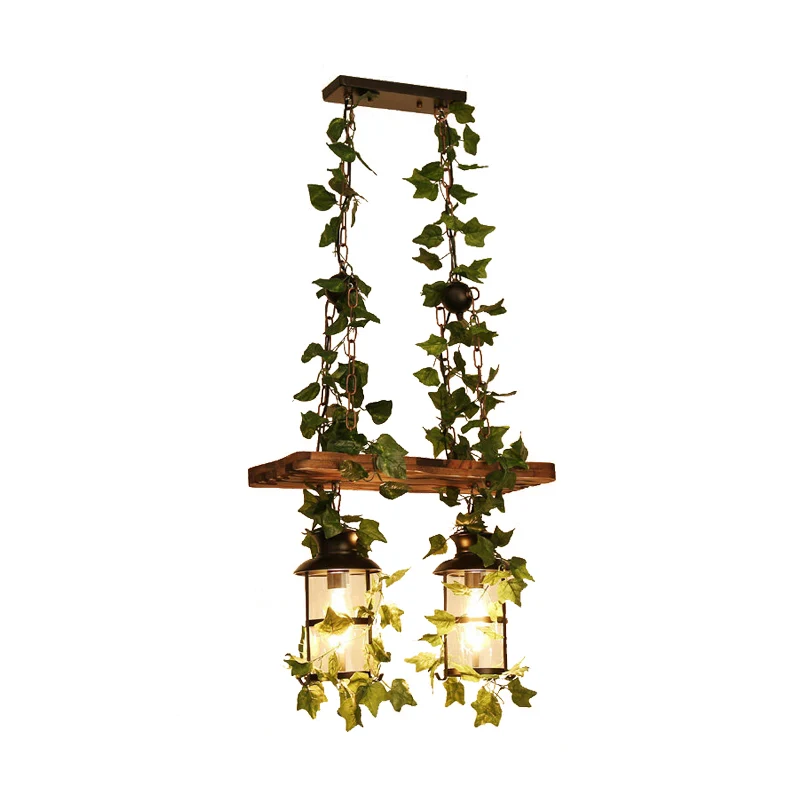 Lantaarn Restaurant Eiland Plafondlamp Retro Houten 2/3 Koppen Roze/Groene LED Druppellamp met Plant/Bloem Decor Clearhalo