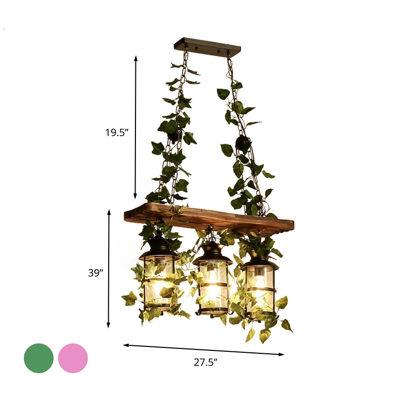 Lantaarn Restaurant Eiland Plafondlamp Retro Houten 2/3 Koppen Roze/Groene LED Druppellamp met Plant/Bloem Decor Clearhalo