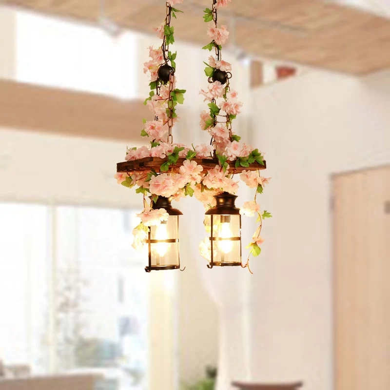 Lantaarn Restaurant Eiland Plafondlamp Retro Houten 2/3 Koppen Roze/Groene LED Druppellamp met Plant/Bloem Decor Clearhalo