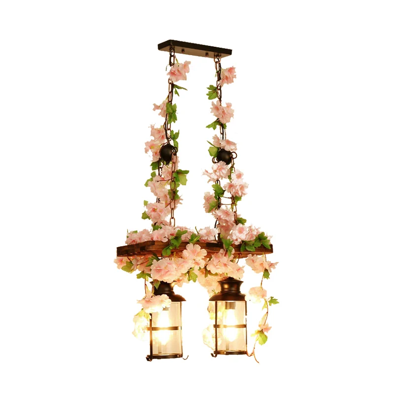 Lantaarn Restaurant Eiland Plafondlamp Retro Houten 2/3 Koppen Roze/Groene LED Druppellamp met Plant/Bloem Decor Clearhalo