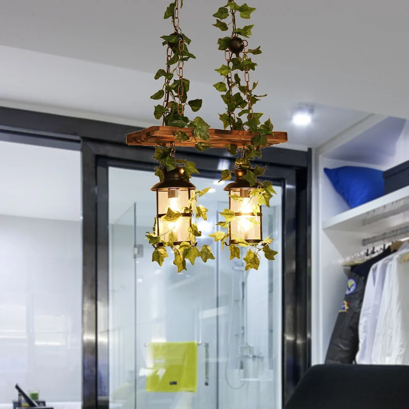 Lantaarn Restaurant Eiland Plafondlamp Retro Houten 2/3 Koppen Roze/Groene LED Druppellamp met Plant/Bloem Decor Clearhalo