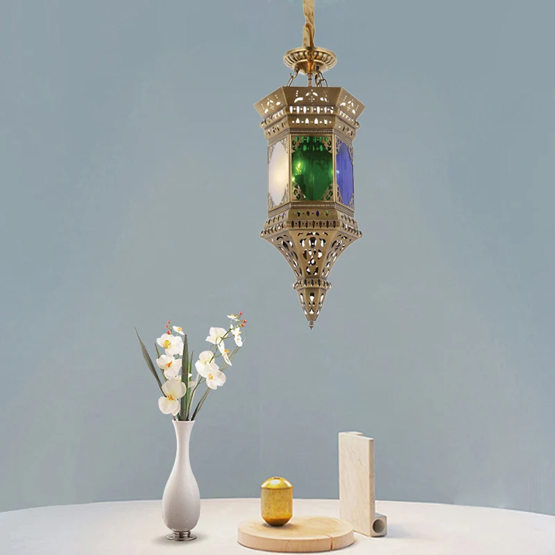 Lantaarn slaapkamer plafondkroonluchter Arabisch metaal 3 koppen messing hangende hanglamp met matglazen kap Clearhalo
