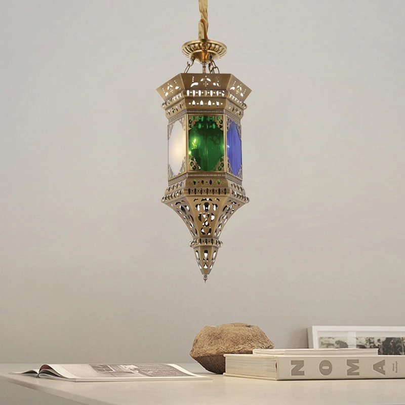 Lantaarn slaapkamer plafondkroonluchter Arabisch metaal 3 koppen messing hangende hanglamp met matglazen kap Clearhalo
