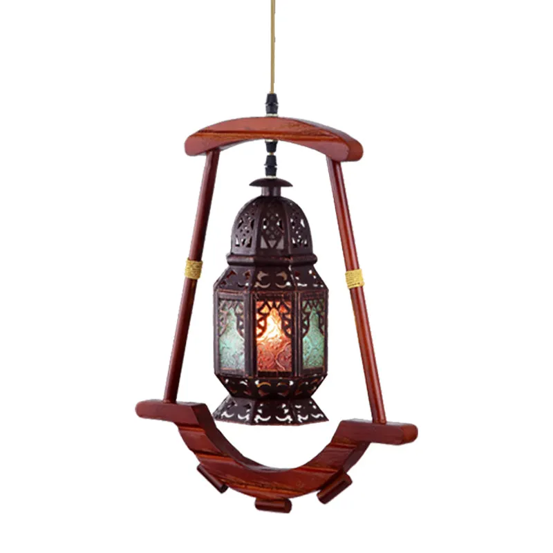 Lantaarn Slaapkamer Plafondlamp Rustiek Metaal 1 Licht Koperen Hanglamp met Houten Frame Clearhalo