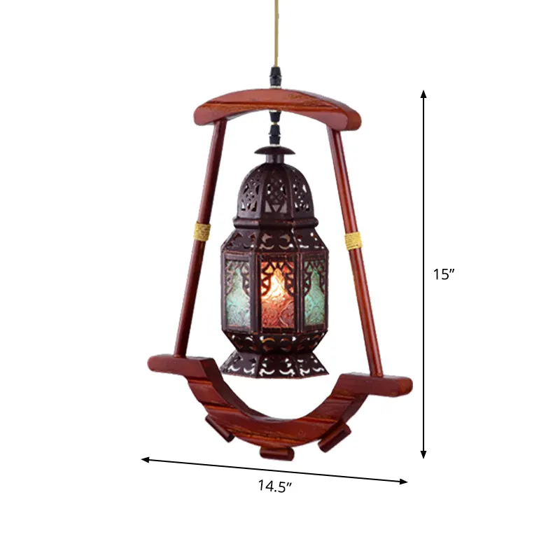 Lantaarn Slaapkamer Plafondlamp Rustiek Metaal 1 Licht Koperen Hanglamp met Houten Frame Clearhalo