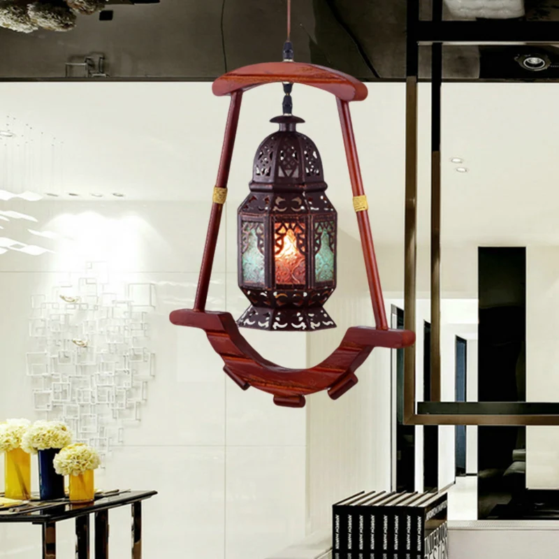 Lantaarn Slaapkamer Plafondlamp Rustiek Metaal 1 Licht Koperen Hanglamp met Houten Frame Clearhalo
