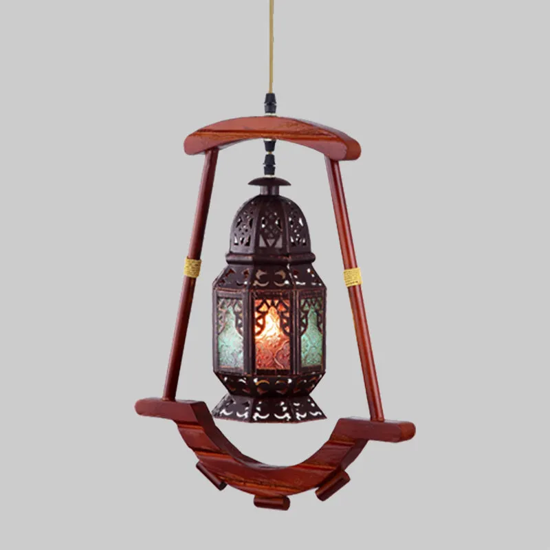 Lantaarn Slaapkamer Plafondlamp Rustiek Metaal 1 Licht Koperen Hanglamp met Houten Frame Clearhalo