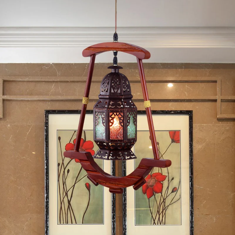 Lantaarn Slaapkamer Plafondlamp Rustiek Metaal 1 Licht Koperen Hanglamp met Houten Frame Clearhalo