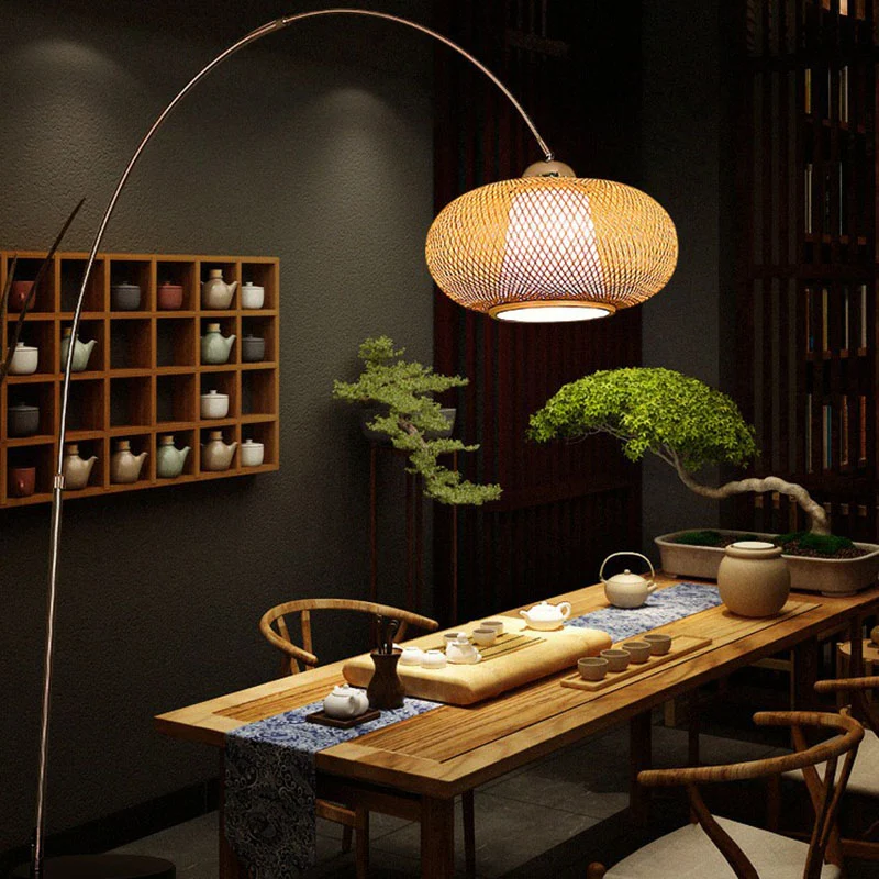 Lantaarn Tea Room Staande Licht Bamboe 1 Lamp Minimalistische Vloerverlichting met Hengelarm Hout Clearhalo