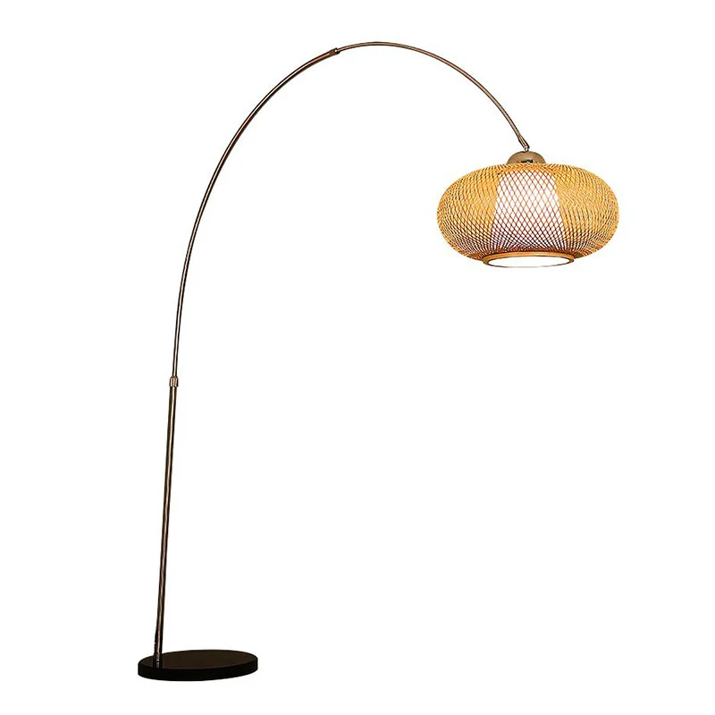 Lantaarn Tea Room Staande Licht Bamboe 1 Lamp Minimalistische Vloerverlichting met Hengelarm Hout Clearhalo