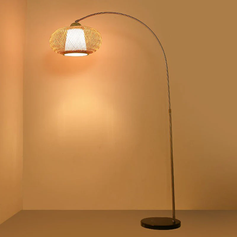 Lantaarn Tea Room Staande Licht Bamboe 1 Lamp Minimalistische Vloerverlichting met Hengelarm Hout Clearhalo