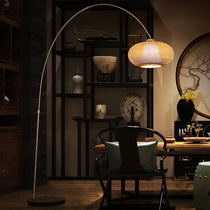Lantaarn Tea Room Staande Licht Bamboe 1 Lamp Minimalistische Vloerverlichting met Hengelarm Hout Clearhalo