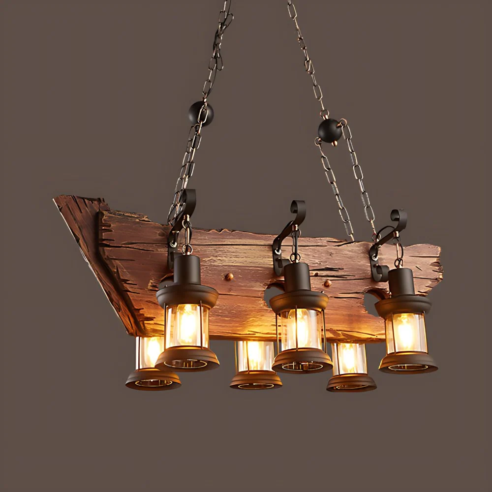 Lantaarneilandlamp met 6 lampen, industriële hanglamp van bruin helder glas met hout Clearhalo