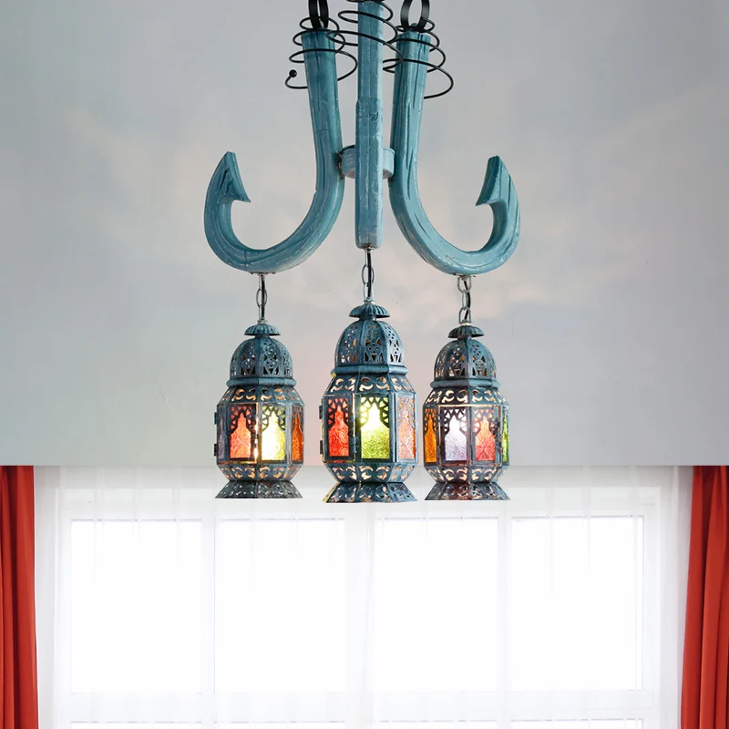 Lantaarn-hangende kroonluchter, 3-lichts, mediterraan blauwe metalen hanglamp met houten haakstaaf Clearhalo