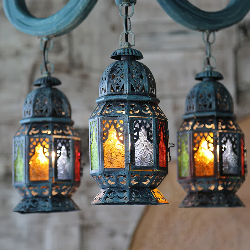 Lantaarn-hangende kroonluchter, 3-lichts, mediterraan blauwe metalen hanglamp met houten haakstaaf Clearhalo