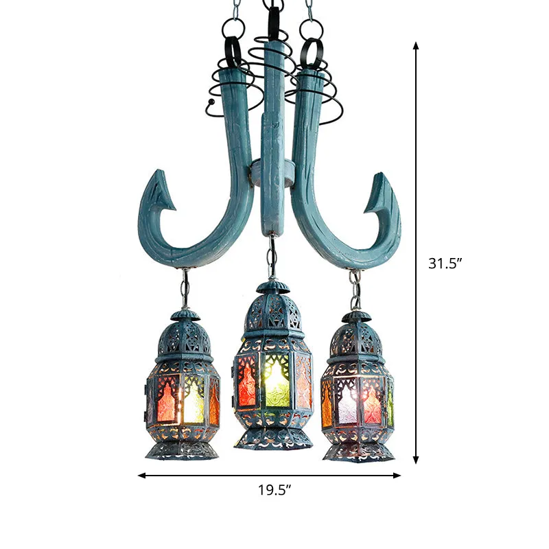 Lantaarn-hangende kroonluchter, 3-lichts, mediterraan blauwe metalen hanglamp met houten haakstaaf Clearhalo
