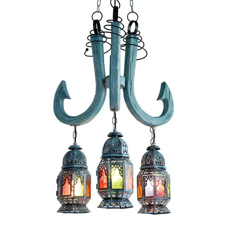 Lantaarn-hangende kroonluchter, 3-lichts, mediterraan blauwe metalen hanglamp met houten haakstaaf Clearhalo
