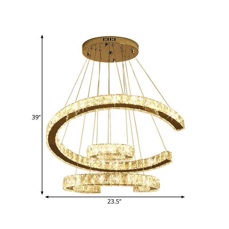 LED 3-laags C-vormige kroonluchter licht modern roestvrij staal helder rechthoekig geslepen kristallen plafondlamp, 21 "/2...