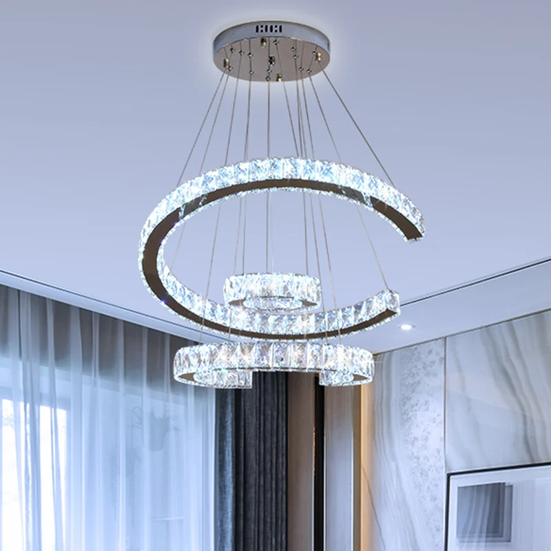 LED 3-laags C-vormige kroonluchter licht modern roestvrij staal helder rechthoekig geslepen kristallen plafondlamp, 21 "/2...