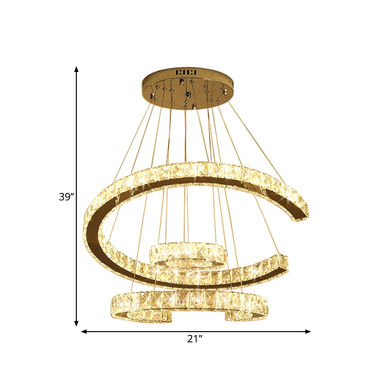 LED 3-laags C-vormige kroonluchter licht modern roestvrij staal helder rechthoekig geslepen kristallen plafondlamp, 21 "/2...