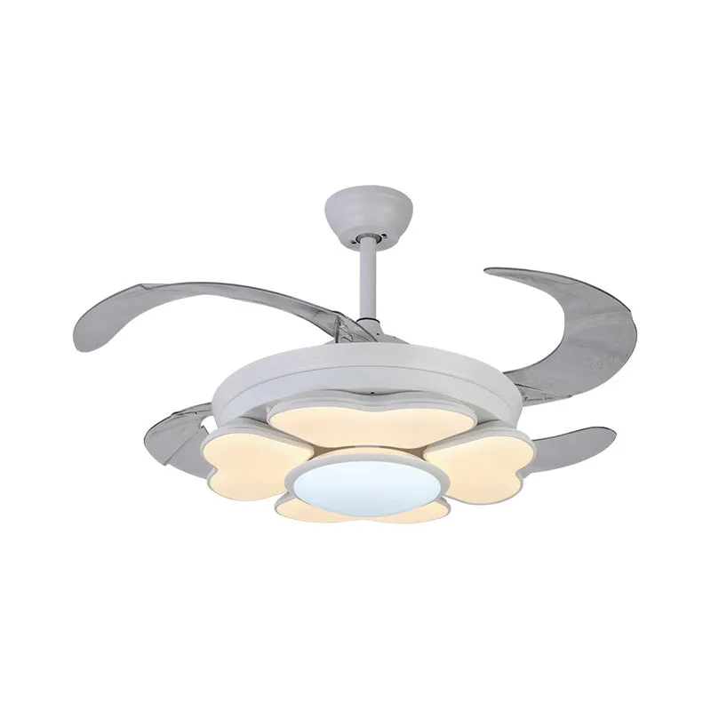 42" W LED acryl hangende ventilatorlamp Noordse witte ring slaapkamer semi-inbouwlamp met 4 bladen, afstandsbediening/muur...