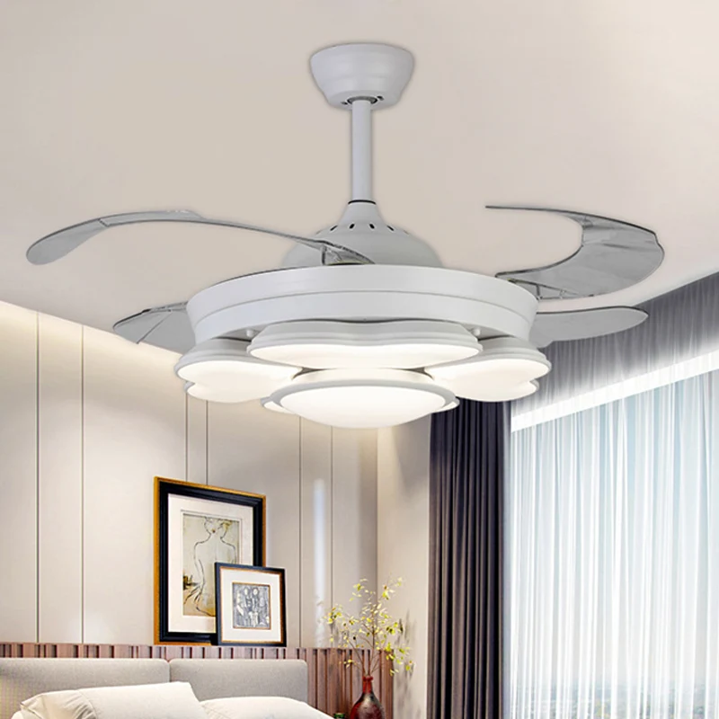 42" W LED acryl hangende ventilatorlamp Noordse witte ring slaapkamer semi-inbouwlamp met 4 bladen, afstandsbediening/muur...